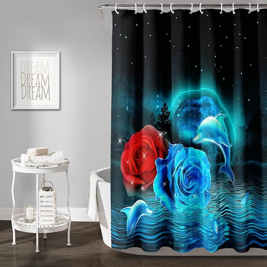 AILONEN Blue and Red Rose Shower Curtain,Cute Dolphin Shower Curtain for Bathroom Decor,72" W*72" H Polyester Waterproof Evening Starry Moon Flower Bath Curtain with 12 Hooks