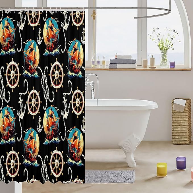 Feelyou Pirate Ship Shower Curtain Ocean Sailing Themed Fabric Shower Curtain for Kids Boys Girls Anchor and Rudder Bathroom Waterproof Accessories with 12 Hooks Black Curtains,72X72 Inches