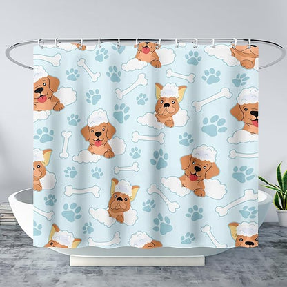 AILONEN Cute Dog Shower Curtain,Cute Bulldog Labrador Dog Print Shower Curtain, 60" W*72" H Waterproof Happy Shower Puppy Dog Lover Curtain with Grommets and 12 Hooks