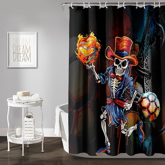 AILONEN Sugar Skull Shower Curtain,Funny Skull Skeleton Design Shower Curtain Set with Hooks for Boys Girls Teens,Skeletons Playing Balls Waterproof Fabric Shower Curtain for Bathroom,72" W*84" H