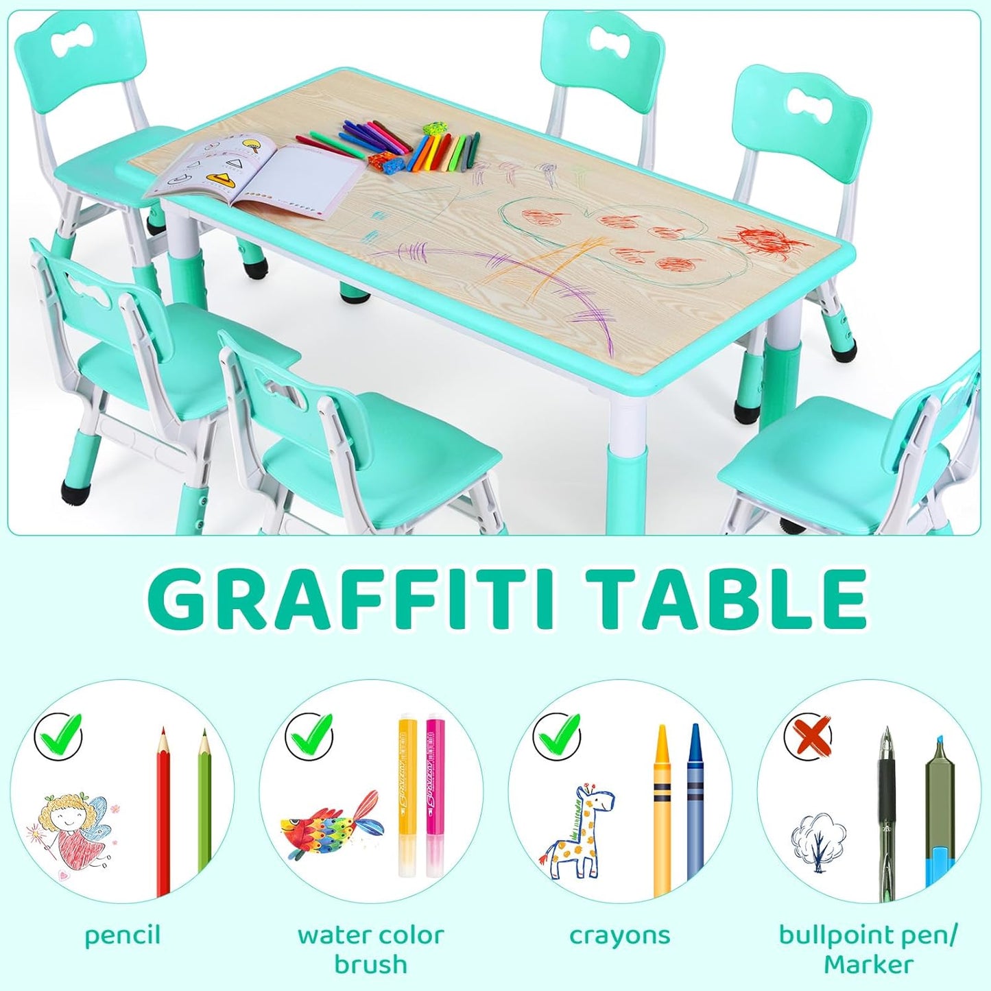 Kids Table and 6 Chairs Set, Height Adjustable Graffiti Desk, Preschool Activity Art Craft Table, for Daycare Classroom Home Boys and Girls Age 3-12 (Light Green)