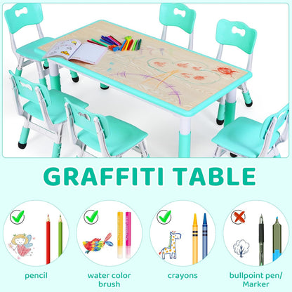 Kids Table and 6 Chairs Set, Height Adjustable Graffiti Desk, Preschool Activity Art Craft Table, for Daycare Classroom Home Boys and Girls Age 3-12 (Light Green)