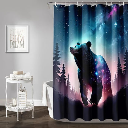 AILONEN 3D Bear Shower Curtain for Bathroom,Evening Starry Black Bear Printed Bath Curtain,Forest Wildlife Decoration Shower Curtain Waterproof 72" W*72" H