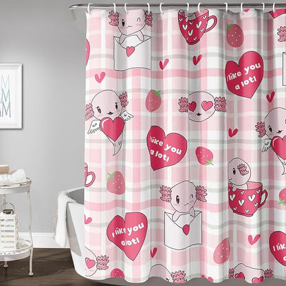 AILONEN Axolotl Shower Curtain Pink Love Hearts Print Bath Curtain Girls Women Adults Strawberry Grid Shower Curtain 48" W*72" H Bathroom Curtain Decor Polyester Waterproof Curtain with 12 Hooks