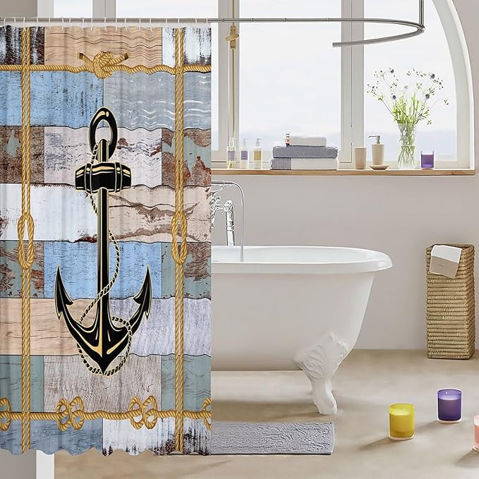 Feelyou Anchor Nautical Shower Curtain Vintage Plank Blue Brown Fabric Shower Curtain for Kids Ocean Themed Bathroom Waterproof Accessories with 12 Hooks Geometric Stripe Curtains,72X78 Inches
