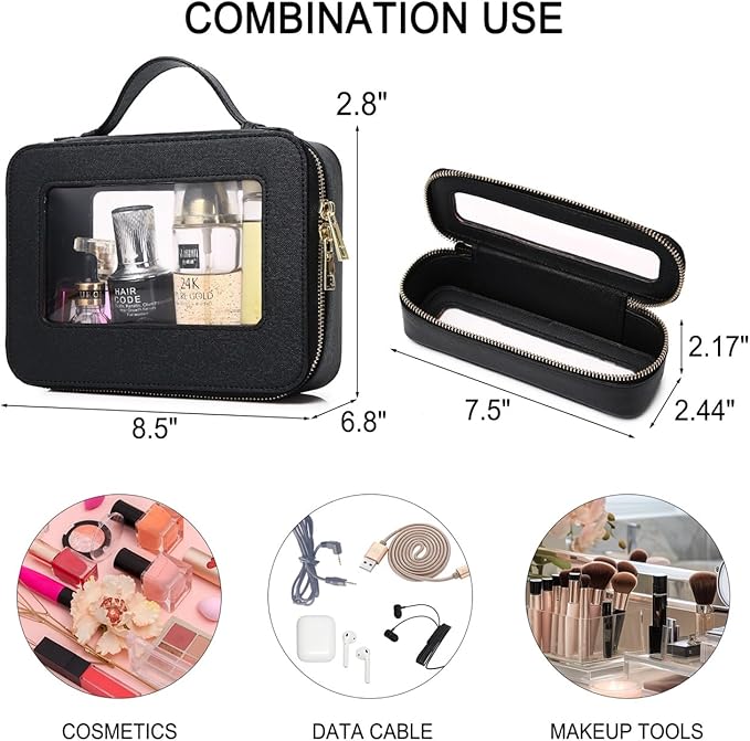 Clear Makeup Bag for Women Waterproof Travel Makeup Case Portable Cosmetic Case Toiletry Bag Car Organizer with Zipper (Black, L)