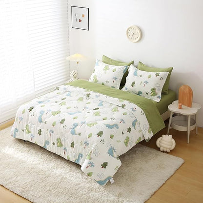 Wajade Kids Dinosaurs Comforter Set Bed in A Bag Full Size 7 Piece Cute Green Dinosaur Jungle Bedding Set for Girls Boys (1 Comforter, 1 Flat Sheet, 1 Fitted Sheet, 2 Pillowcase and 2 Pillow Sham)