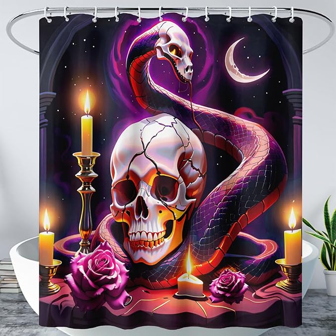 AILONEN Gothic Skull Shower Curtain for Bathroom,Terror Snake Skull Bath Curtain Decoration,Starry Skull Skeleton Print Waterproof Purple Curtain with 12 Plastic Hooks, 72" W*78" H