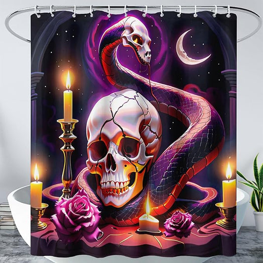 AILONEN Gothic Skull Shower Curtain for Bathroom,Terror Snake Skull Bath Curtain Decoration,Starry Skull Skeleton Print Waterproof Purple Curtain with 12 Plastic Hooks, 72" W*78" H