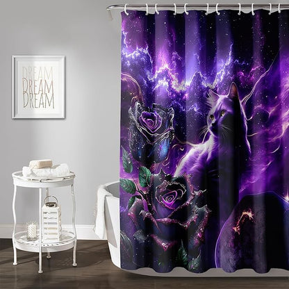 AILONEN 3D Cat Shower Curtain Set, Oil Purple Rose with Black Cat Cloth Bath Curtain for Kids Boys Girls,Boho Starry Night Shower Curtain for Bathroom,72" W*72" H