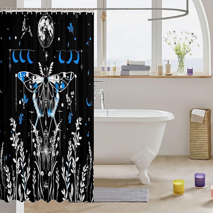 Feelyou Goth Moth Fabric Shower Curtain Bohemian Moth Floral Shower Curtain Kids Boys Girls Moon Bathroom Waterproof Accessories with 12 Hooks Boho Exotic Style Black Blue Decor Curtains,72x72 Inches