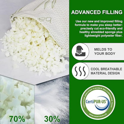 JJDANFILL Rayon Derived from Bamboo Pillow for Sleeping, Shredded Memory Foam Pillow Standard Size Set of 2, Adjustable Cooling Bed Pillow for Side Back Stomach Sleeper with A Washable Cover 20x26