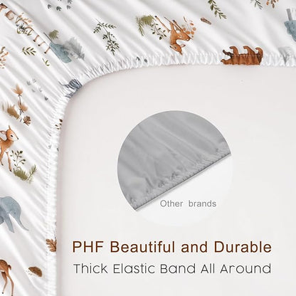 PHF Soft Crib Sheet Fitted, 2 Pack Baby Sheets for Boys Girls, 28x52x9in Fits Standard Crib and Toddler Mattresses, Silky Comfy Breathable Polyester Baby Mattress Sheets, Woodland