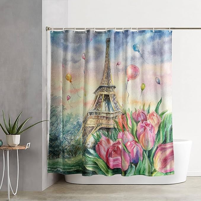 AILONEN Eiffel Tower Shower Curtain,Fantasy Tower Bathroom Fabric Shower Curtain for Girls Kids Teens, 72" W*78" H Flower Balloon Paris Tower Watercolor Theme Bathroom Decor