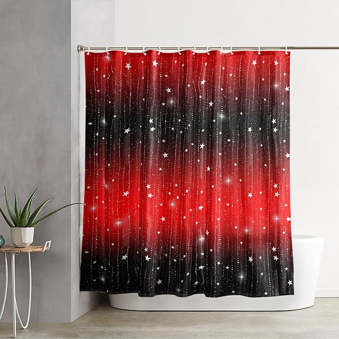 AILONEN White Star Shower Curtain,Starry Sky Waterproof Fabric Shower Curtain Sets for Girls Kids Teens, 72" W*96" H Black and Red Theme Shower Curtain