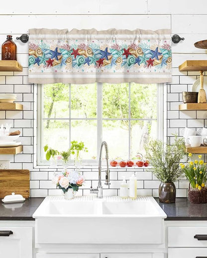 Coastal Beach Kitchen Curtains Valances for Windows Nautical Ocean Seashell Coral Starfish Rod Pocket Window Treatment for Kitchen /Living Room/Bedroom/ Bathroom, 42" X 18", Brown Aqua Summer