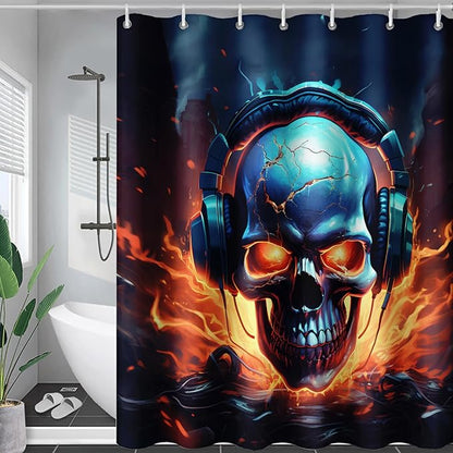AILONEN Headset Skull Shower Curtain,Hip Hop Skeleton Fire Skull Bath Curtain,Cool Skull Decoration Bathroom Curtain with 12 Plastic Hooks,Waterproof 72" W*96" H