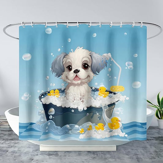 AILONEN Cartoon Bathtub Dog Shower Curtain for Kids 60" W*72" H Kawaii Shower Puppy and Duck Shower Curtain,Polyester Waterproof Fabric Decor for Bathroom Bathtub Panels