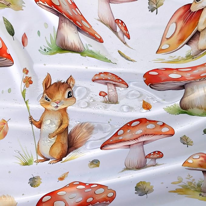 AILONEN Cartoon Mushroom Shower Curtain for Kids Girls Boys, Kawaii Squirrels with Red Mushroom Shower Curtains for Bathroom,Cute Animal Shower Curtain Set with Hooks,48" W*72" H