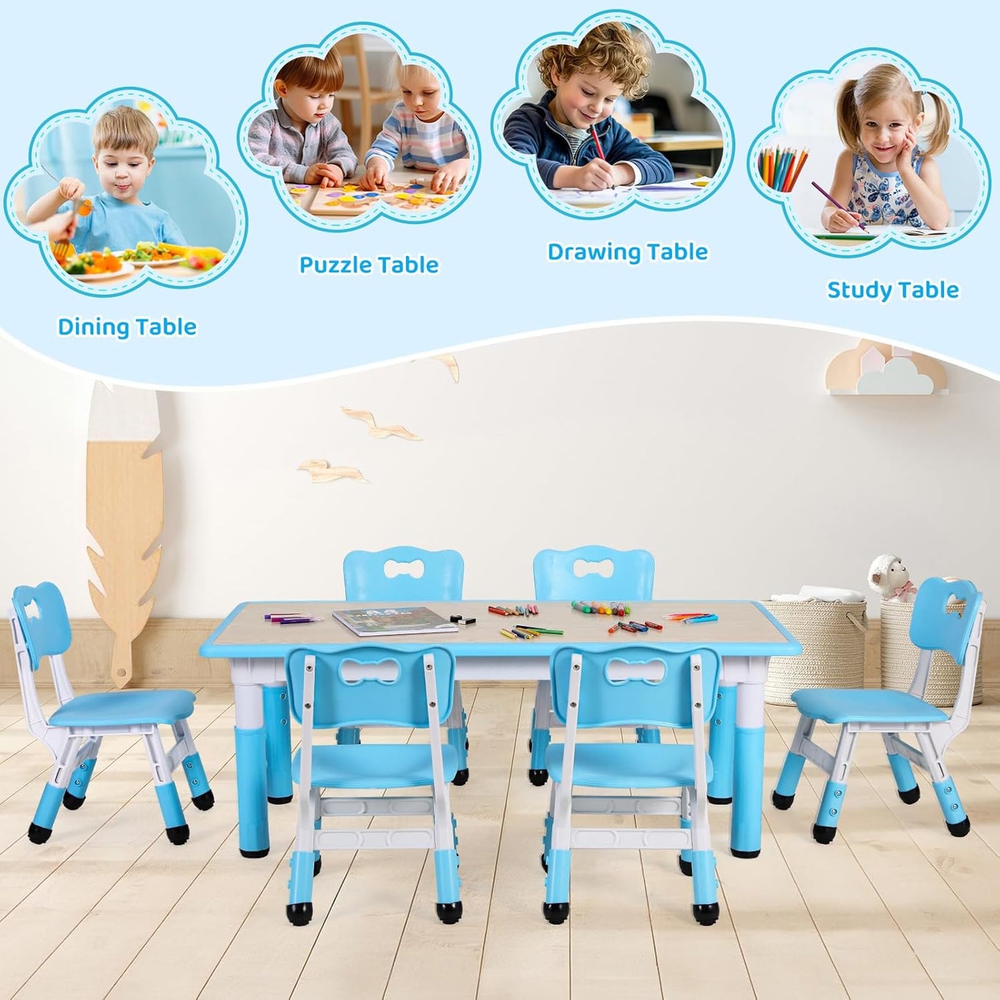 Kids Table and 6 Chairs Set, Height Adjustable Graffiti Desk, Preschool Activity Art Craft Table, for Daycare Classroom Home Boys and Girls Age 3-12 (Blue)