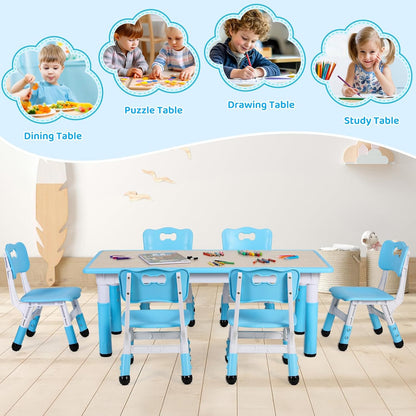 Kids Table and 6 Chairs Set, Height Adjustable Graffiti Desk, Preschool Activity Art Craft Table, for Daycare Classroom Home Boys and Girls Age 3-12 (Blue)