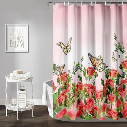AILONEN Butterfly Shower Curtain for Bathroom, Red Flower Bath Curtain,Flying Butterfly Bathroom Curtain,Polyester Waterproof Bathroom Decor Curtain with 12 Plastic Hooks(72" W*84" H)