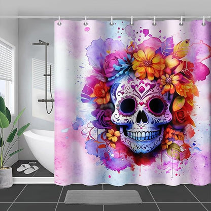 AILONEN Sugar Skull Shower Curtain for Bathroom,Pink Purple Graffiti Flower Art Bathroom Curtain for Kids Girls Teen,Bath Curtain 48" W*72" H Polyester Waterproof Bathroom Curtain with 12 Hooks