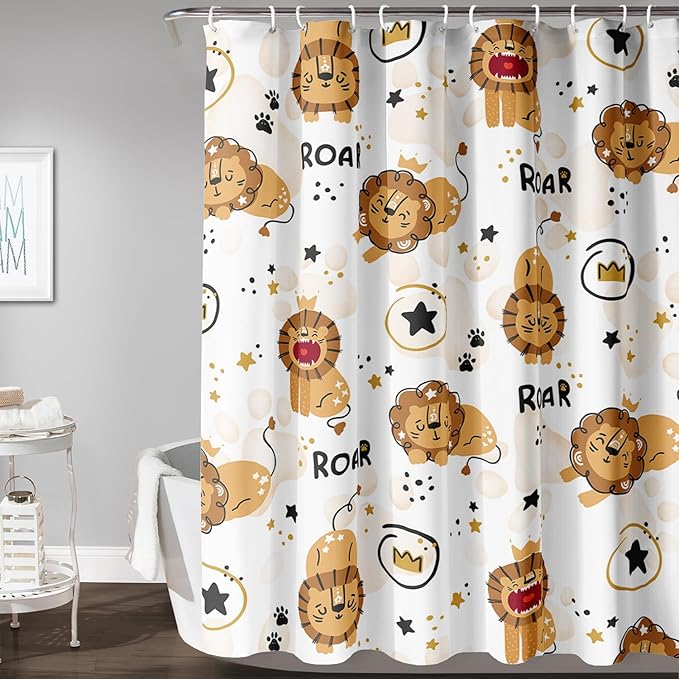 AILONEN Cute Lion Shower Curtain for Bathroom, Children Kwwaii Animal Bathroom Curtain Decor,Printed Bath Curtain for Boys Girls 72" W*84" H Polyester Waterproof Bathroom Curtain with 12 Hooks