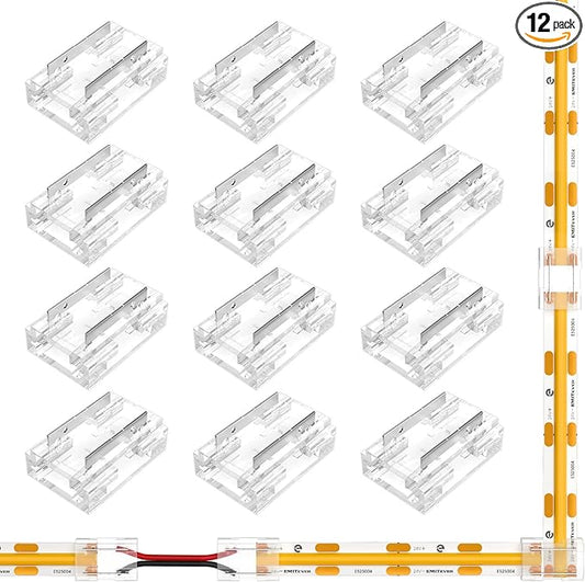 EMITEVER 8-in-1 LED Strip Connectors 12pcs, 2 Pin 8mm COB Tape Lights Terminal Connectors 8 Types Solderless Transparent Connection for 5V 12V 24V（Straight, Corner, Strip to Strip, Strip to Wire）