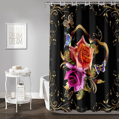 AILONEN Girls Rose Floral Shower Curtain 72" W*78" H for Bathroom, Gold Yellow Flower Butterfly Bathroom Curtain,Women Teen Girls Flower Bath Curtain Polyester Waterproof Bath Curtain with 12 Hooks