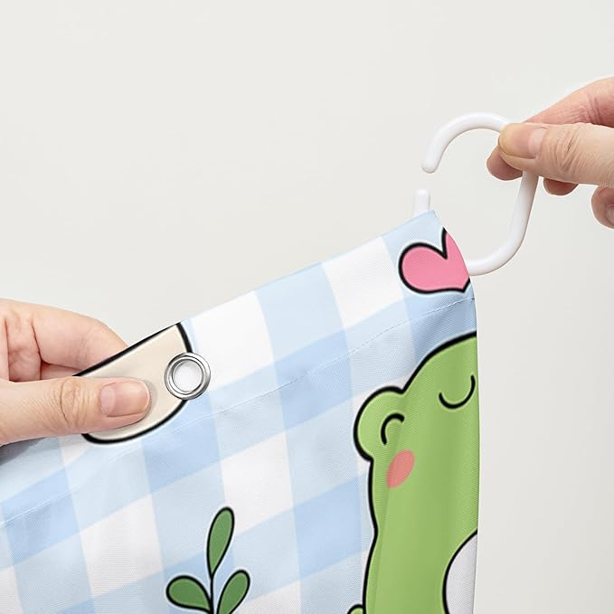 AILONEN Kawaii Frog Shower Curtain,Cute Cartoon Mushroom Frog Bath Curtain,Romantic Frog Couple Hearts Printed Waterproof Blue Stripe Curtain, 48" W x 72" H