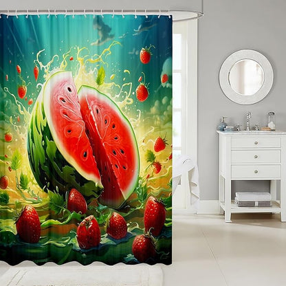 Feelyou Watermelon Shower Curtain Strawberry Fabric Shower Curtain for Kids Boys Girls Fruit Bathroom Waterproof Accessories with 12 Hooks Summer Curtains,72x72 Inches