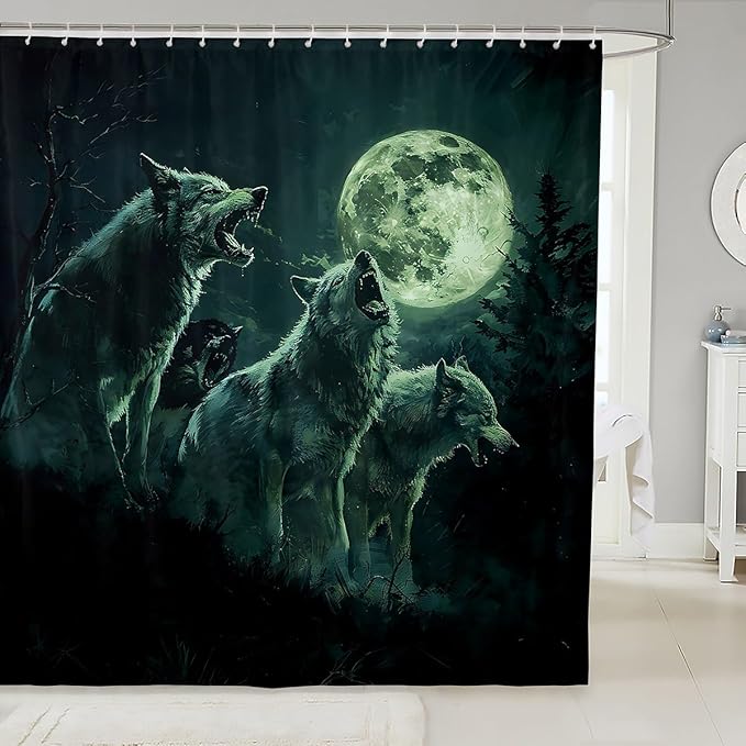 Feelyou Wolf Bath Curtain Wolves Howling Shower Curtain for Boys Girls Green woles Bathroom Shower Curtain Set Animal Wolves Kids Bathroom Accessories 72"x84"