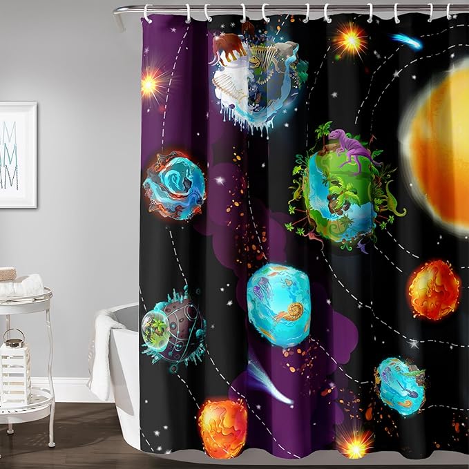 AILONEN Galaxy Shower Curtains for Boys,Solar System Bath Curtains,Outer Space Curtains for Bathroom Decor, 48" W*72" H Polyester Waterproof with 12 Hooks