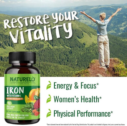 NATURELO Vegan Iron Supplement with Vitamin C and Organic Whole Foods - Gentle Pills for Women & Men w/Iron Deficiency Including Pregnancy, Anemia Diets 90 Mini Capsules