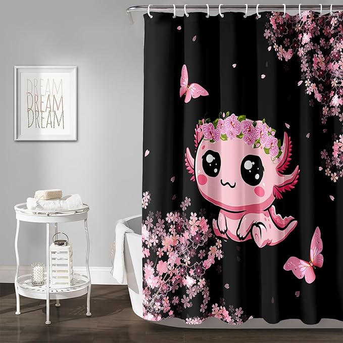 AILONEN Cute Cartoon Axolotl Kawaii Shower Curtain,Pink Cherry Blossom Floral Bath Curtain,Animal Axolotl Butterfly Waterproof Black Curtain for Bathroom, 72" W x 78" H