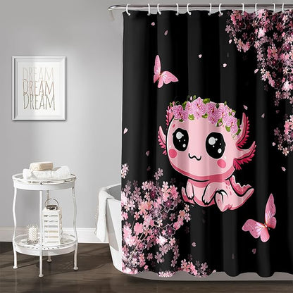 AILONEN Cute Cartoon Axolotl Kawaii Shower Curtain,Pink Cherry Blossom Floral Bath Curtain,Animal Axolotl Butterfly Waterproof Black Curtain for Bathroom, 72" W x 78" H