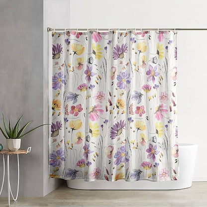 AILONEN Solemn Flowers Shower Curtain,Daisy Theme Bathroom Shower Curtain for Girls Kids Teens, 72" W*96" H Watercolor Patchwork Flowers Bathroom Decor for Bathroom