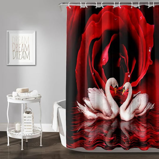 AILONEN 3D Printed Rose Shower Curtain,Red Rose Bath Curtain, White Swan Shower Curtain for Bathroom Decor,72" W*96" H Polyester Waterproof Bath Curtain with 12 Hooks