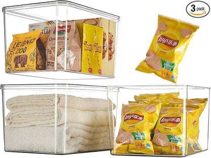 Clear plastic storage bins with LIDS-3packs,storage containers for snacks, cosmetics, books, dog food, Storage Organizer for Nursery，Kitchen, Living room,Bedroom, Bathroom, Office