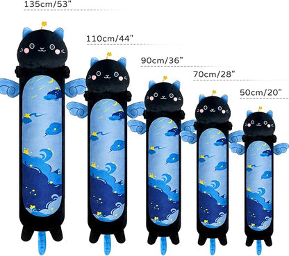 Long Cat Plush Kawaii Body Pillow, 53” Cute Black Cat Stuffed Animals Soft Plushies, Blue Star Kitten Big Plush Toys Throw Pillow Doll Gift for Girlfriend