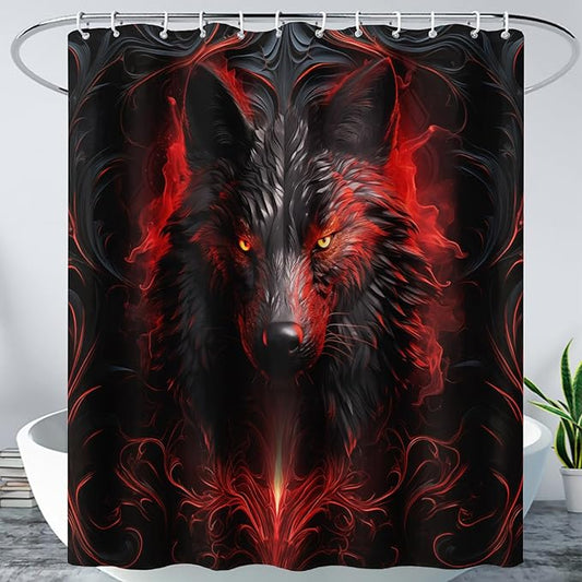 AILONEN 3D Black Wolf Shower Curtain Set,Fire Wolf Head Bathroom Curtain for Kids Girls Boys,Boho Style Shower Curtain,Wild Animal Shower Curtains for Bathroom Decor, 72" W*96" H