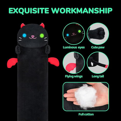Long Cat Plush Kawaii Kids Plush Toy Pillows, Luminous Light Up Black Cat Stuffed Animals Kawaii Night Light Plushies Body Pillow Glow in The Dark Gift for Girls Boys (28 Inch)