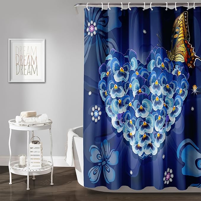 AILONEN Blue Floral Shower Curtain for Girls,Beautiful Butterfly Heart Flower Bath Curtain for Bathroom,Blue Print Polyester Waterproof with 12 Plastic Hooks,48" W*72" H Blue