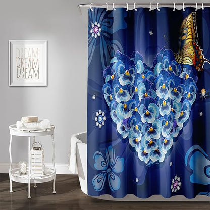 AILONEN Blue Floral Shower Curtain for Girls,Beautiful Butterfly Heart Flower Bath Curtain for Bathroom,Blue Print Polyester Waterproof with 12 Plastic Hooks,48" W*72" H Blue