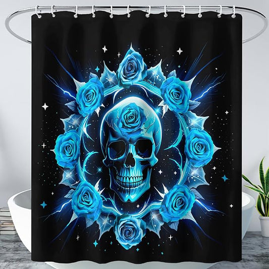 AILONEN Sugar Skull Shower Curtain for Bathroom,Blue Rose Flower Bath Curtain,Romantic Floral Skeleton Decor Bathroom Waterproof Curtain with 12 Plastic Hooks, 60" W*72" H