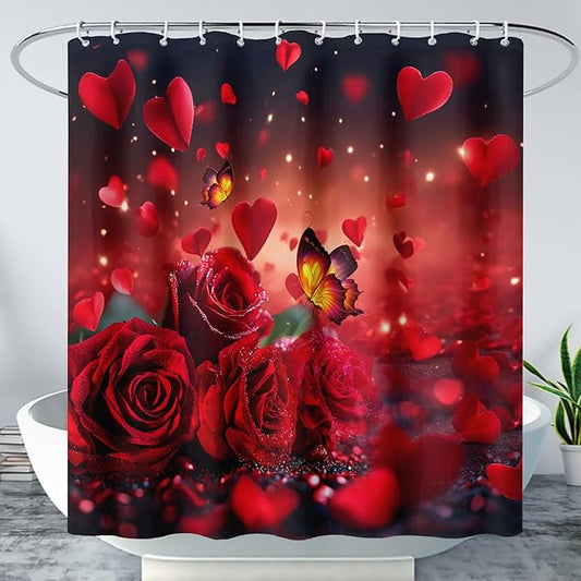AILONEN 3D Rose Shower Curtain for Bathroom, Red Rose Hearts Print Bath Curtain,Romantic Rose Flower Shower Curtain Decoration Waterproof with 12 Plastic Hooks, 60" W*72" H