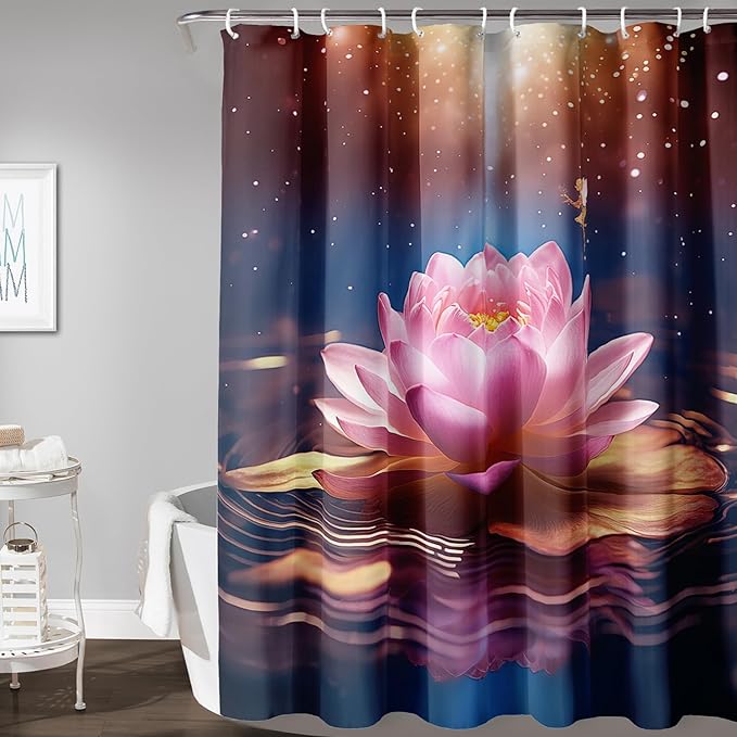 AILONEN Pink Flower Shower Curtain,Galaxy Floral Lotus Flower Bath Curtain,Polyester Waterproof for Bathroom with 12 Plastic Hooks 60" W*72" H