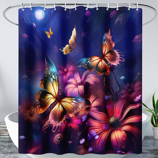 AILONEN Beautiful Butterfly Shower Curtain for Kids Girls Boys, Colorful Butterfly with Flower Bath Curtains for Bathroom,Boho Style Natural Plants Shower Curtain Set with Hooks,72" W*96" H