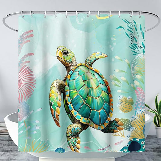 AILONEN Cute Sea Turtle Shower Curtain,Cartoon Turtle with Water Plant Shower Curtain Set for Bathroom,Kawaii Ocean Animal Theme Waterproof Fabric Shower Curtain with Hooks,72" W*78" H